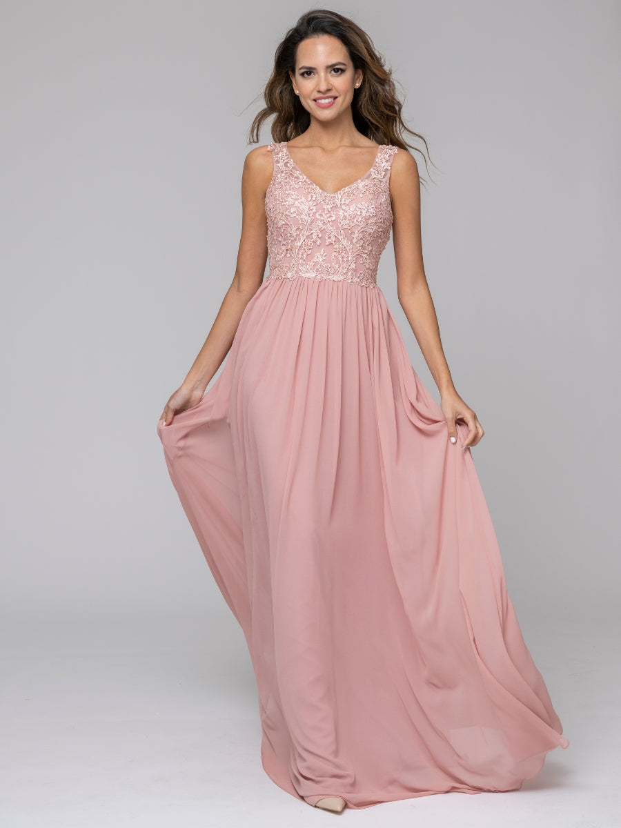 Applique V Neck Keyhole Back A Line Bridesmaid Dresses