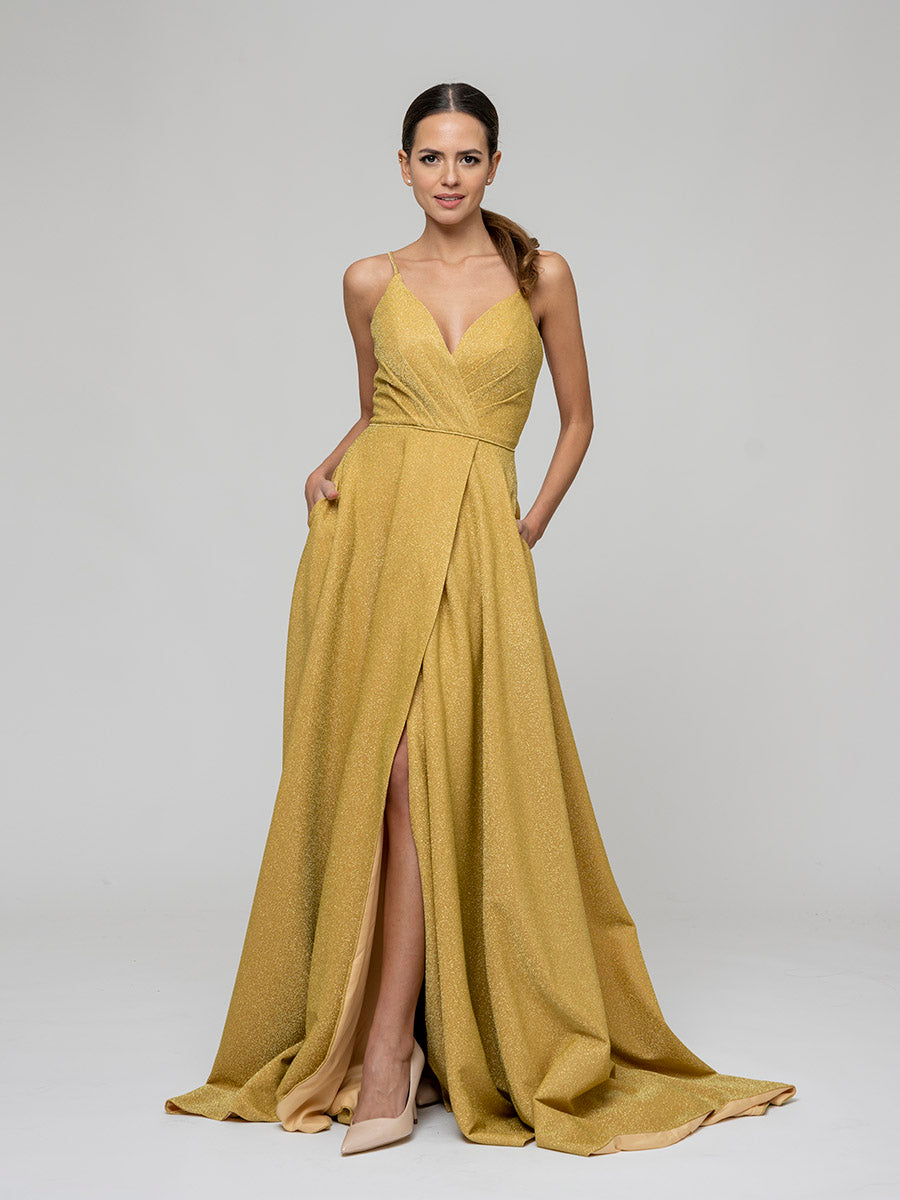 Sweep Train Metallic Glitter A Line Prom Dresses