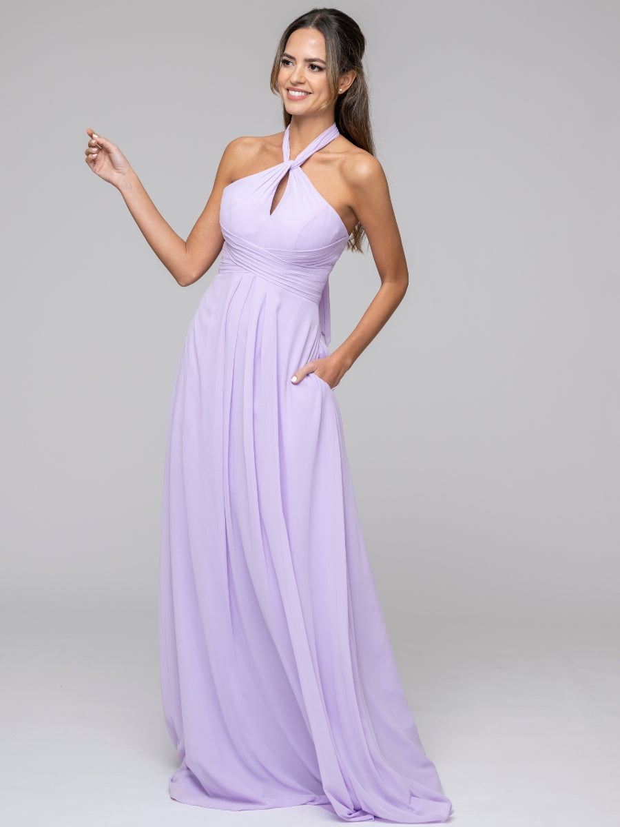 Lilac Tie-neck Halter Sleeveless Wedding Bridesmaid Dresses With Ruched Waist