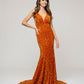 V Neck and Back Sequin Fitted Sweep Train Prom Dresses