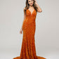V Neck and Back Sequin Fitted Sweep Train Prom Dresses