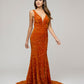 V Neck and Back Sequin Fitted Sweep Train Prom Dresses