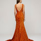 V Neck and Back Sequin Fitted Sweep Train Prom Dresses