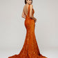 V Neck and Back Sequin Fitted Sweep Train Prom Dresses