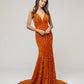 V Neck and Back Sequin Fitted Sweep Train Prom Dresses