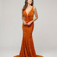 V Neck and Back Sequin Fitted Sweep Train Prom Dresses