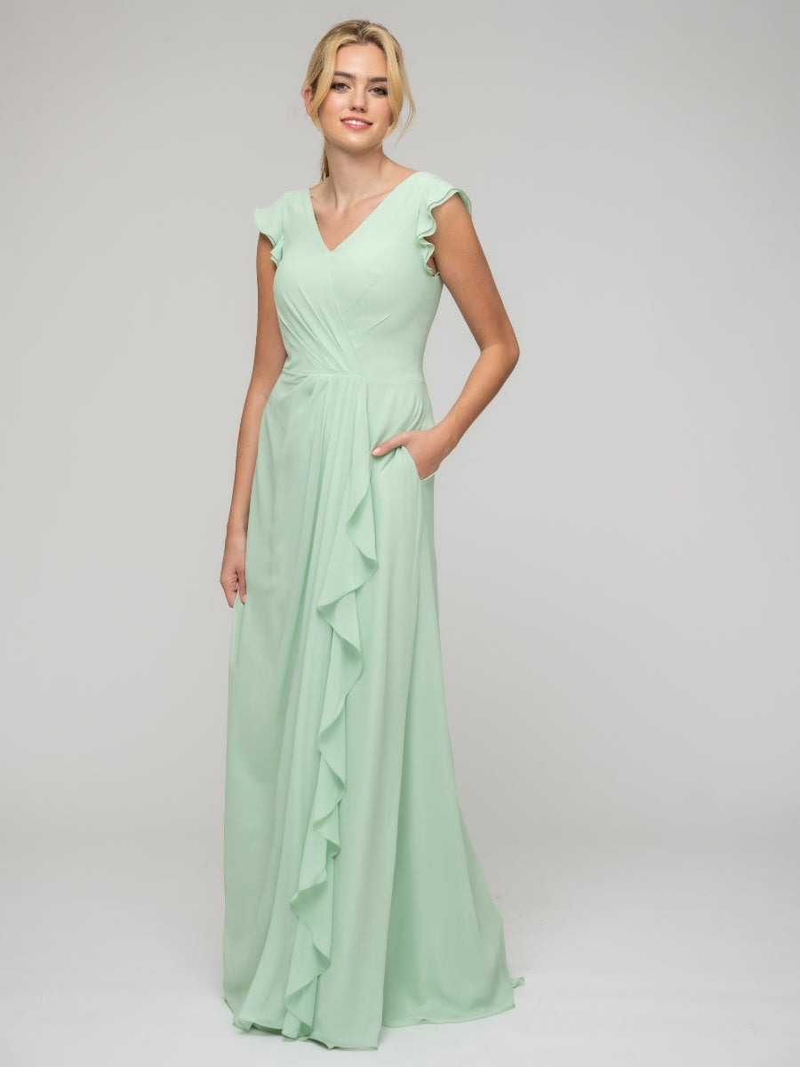 V Neck Chiffon Cap Sleeves Long Bridesmaid Dresses