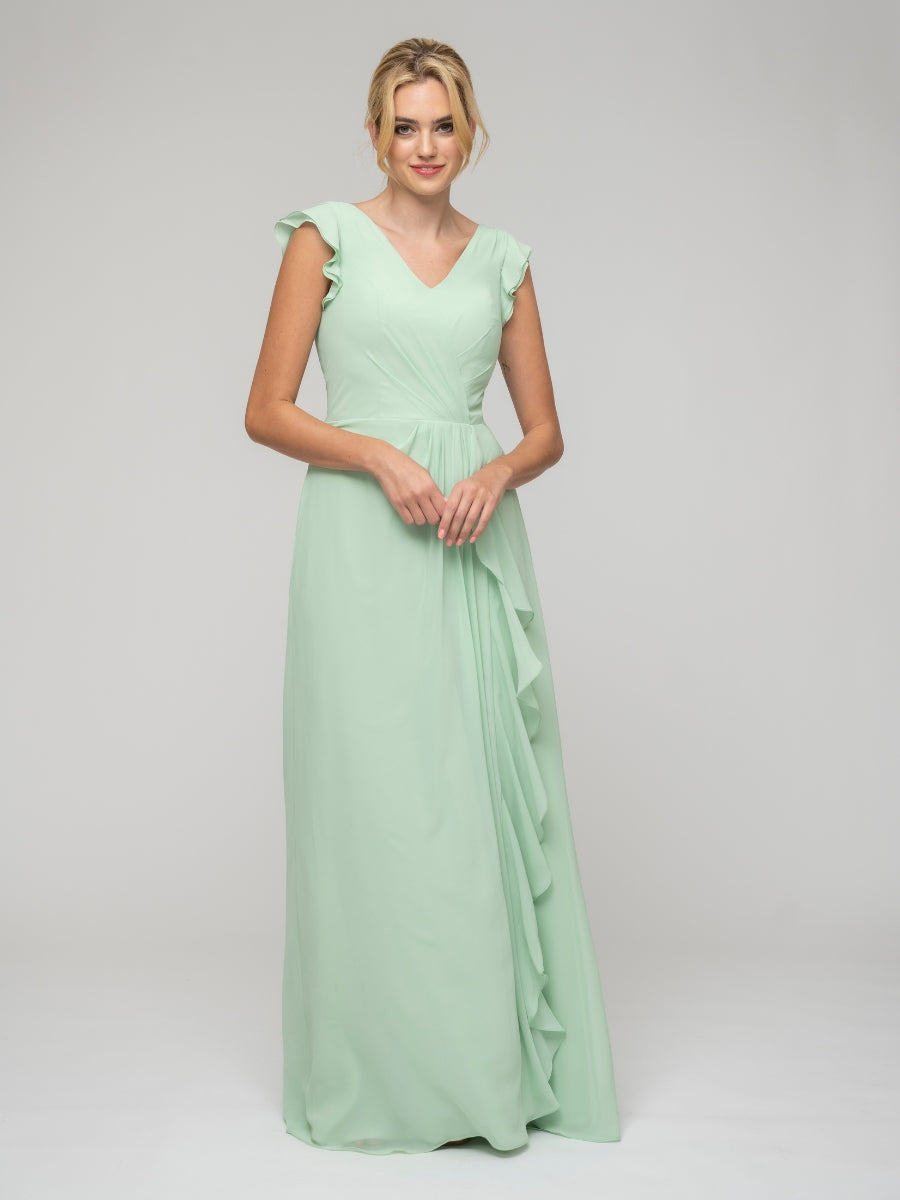 V Neck Chiffon Cap Sleeves Long Bridesmaid Dresses