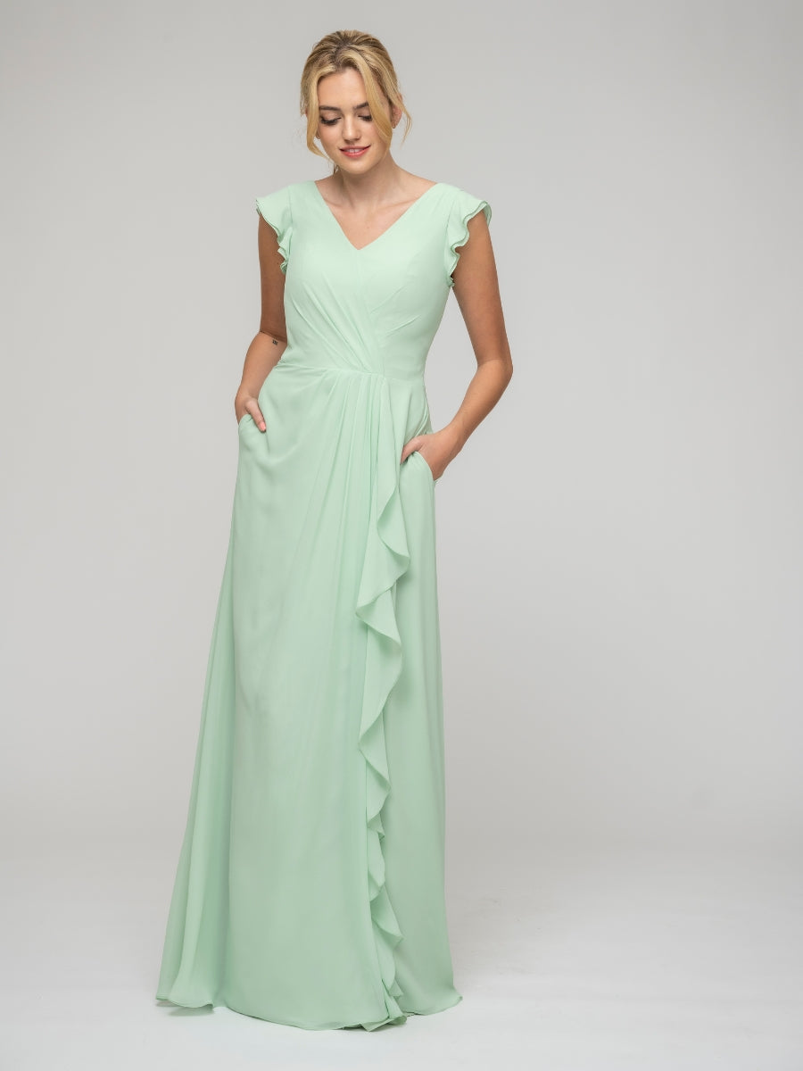 V Neck Chiffon Cap Sleeves Long Bridesmaid Dresses