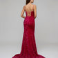 V Neck Lace Up Back Sequin Fitted Prom Gown