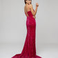 V Neck Lace Up Back Sequin Fitted Prom Gown