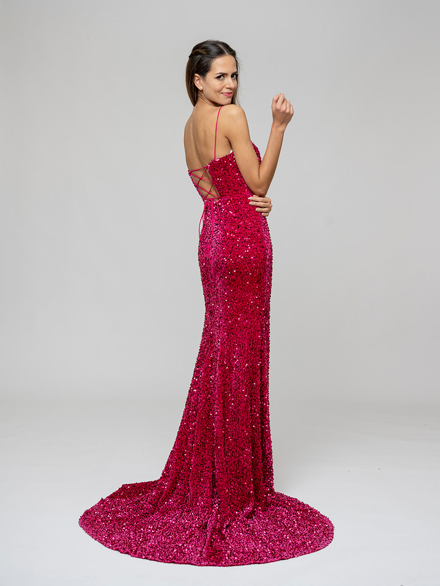 V Neck Lace Up Back Sequin Fitted Prom Gown