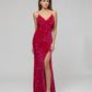 V Neck Lace Up Back Sequin Fitted Prom Gown