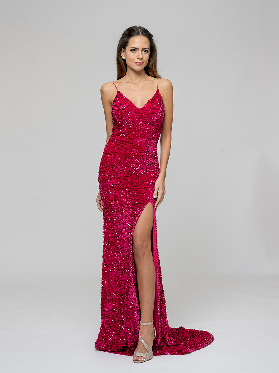 V Neck Lace Up Back Sequin Fitted Prom Gown