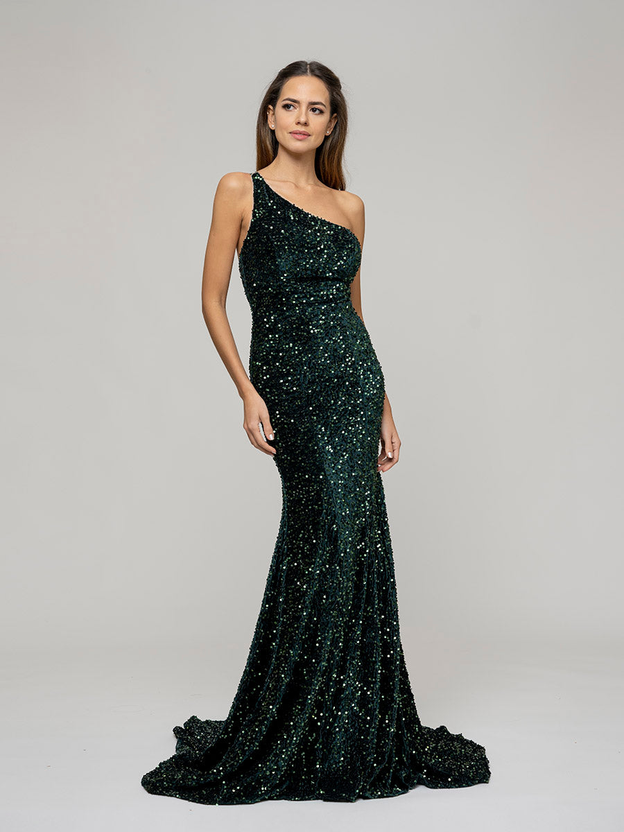 Velvet Sequin Fitted Prom Dresses With One Shoulder