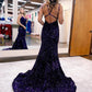 Velvet Sequin Long Mermaid Prom Dresses With Strappy Back