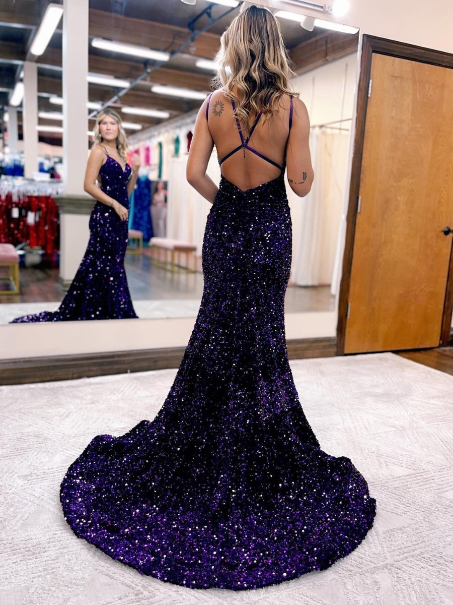 Velvet Sequin Long Mermaid Prom Dresses With Strappy Back
