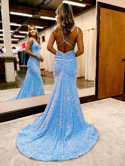 Velvet Sequin Long Mermaid Prom Dresses With Strappy Back