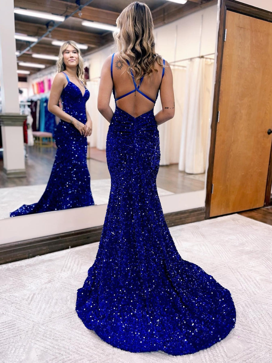 Velvet Sequin Long Mermaid Prom Dresses With Strappy Back
