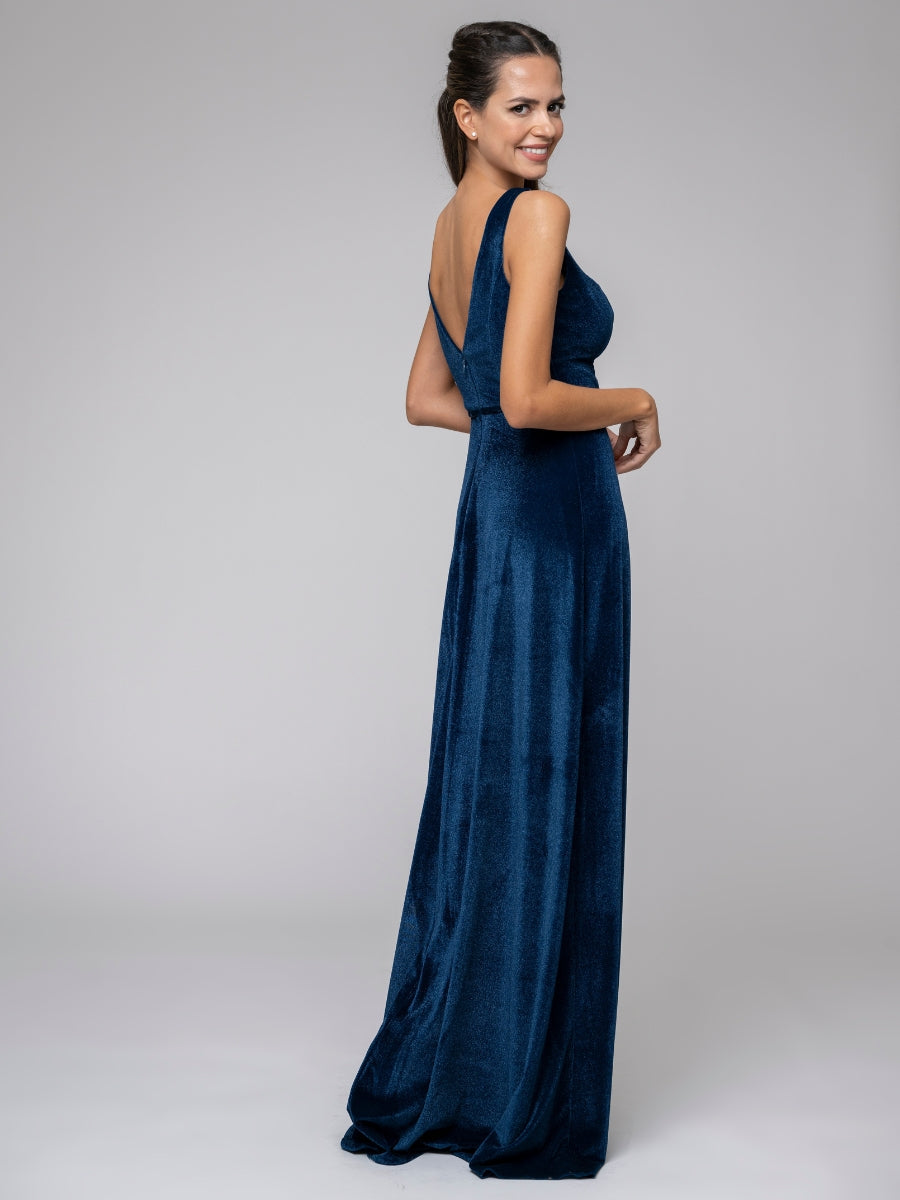 Velvet Straps V Neck A Line Long Bridesmaid Dresses