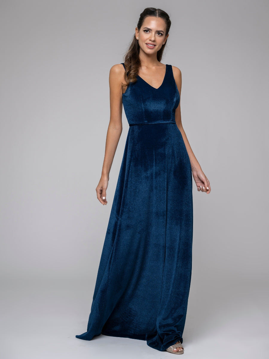 Velvet Straps V Neck A Line Long Bridesmaid Dresses