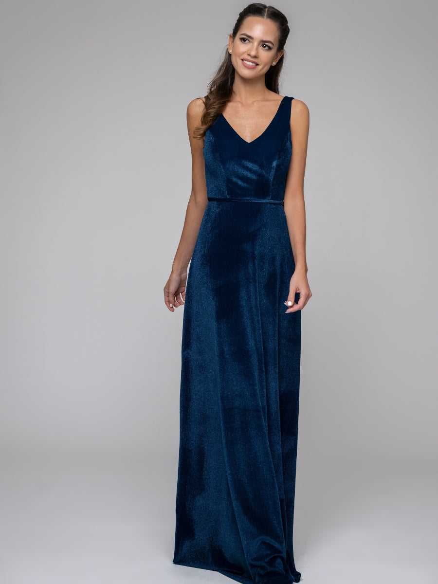 Velvet Straps V Neck A Line Long Bridesmaid Dresses