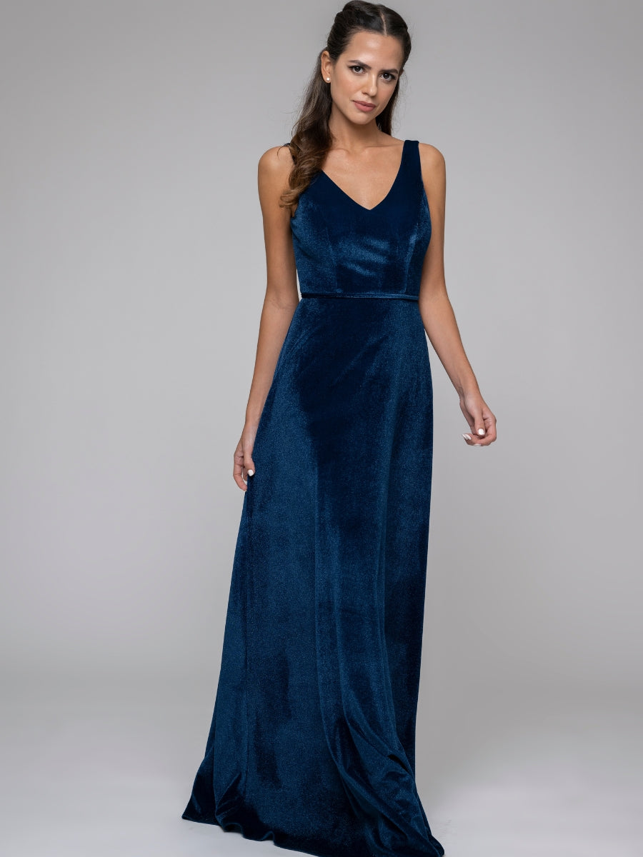 Velvet Straps V Neck A Line Long Bridesmaid Dresses