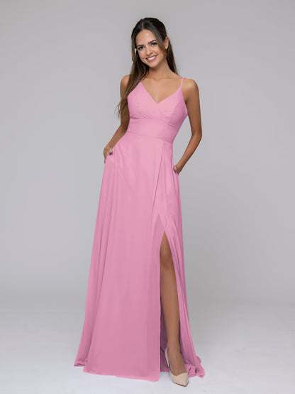 V Neck Spaghetti Strap Chiffon Bridesmaid Dresses With Slit